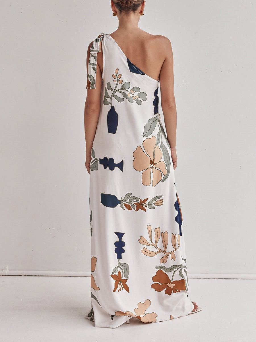 Printed One-Shoulder Maxi Dress