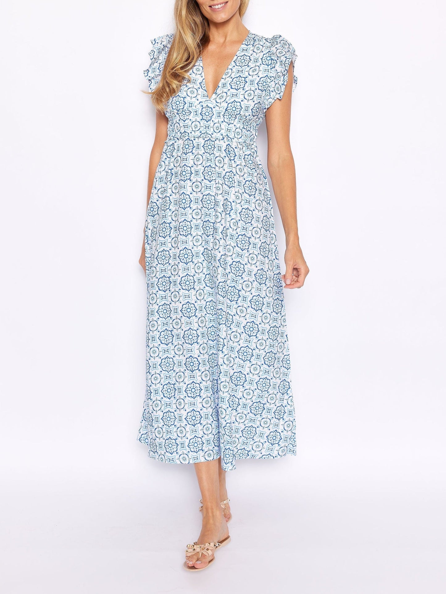 Blue Medallion V-Neck Flutter Sleeve Maxi Dress